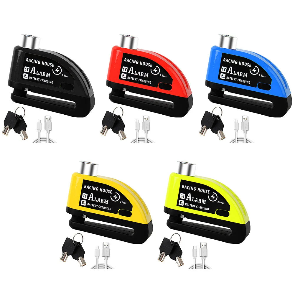 Bicycle disc brake lock with alarm, metal construction, 9.5 by 3.7 by 6.9 cm, available in five colours