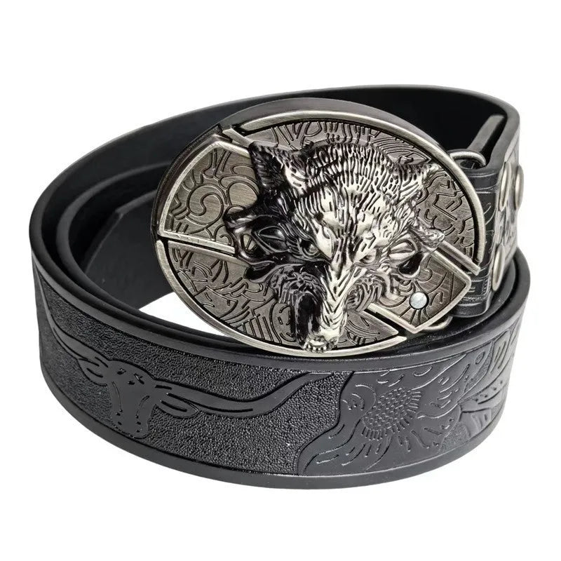 Men's casual belt with alloy black wolf head buckle and imitation leather strap 120cm