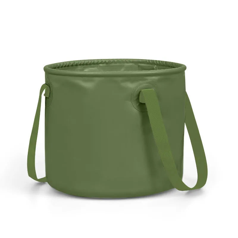 Army green folding telescopic storage duct in expanded position showing PVC mesh construction