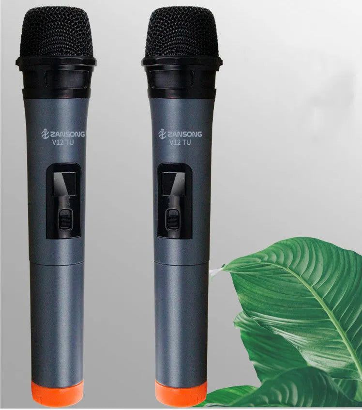 Black ZANSONG V12 wired dynamic handheld microphone with USB receiver and audio cable.