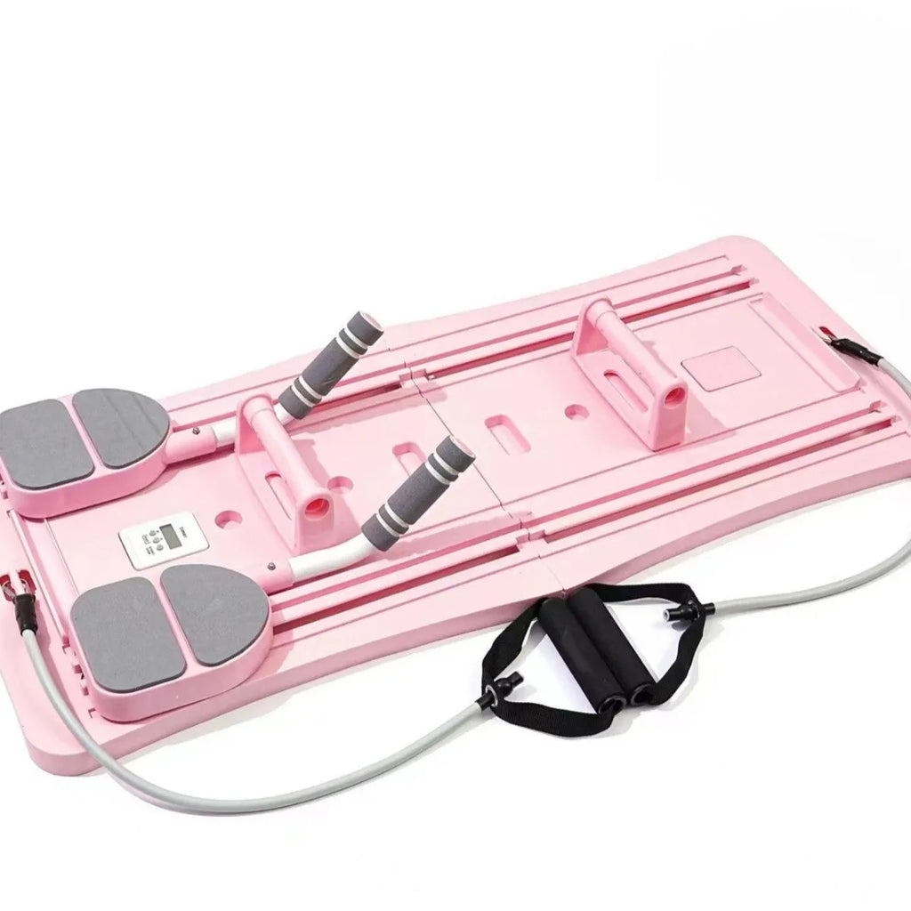 Purple foldable fitness belly board for abdominal exercises on a home floor