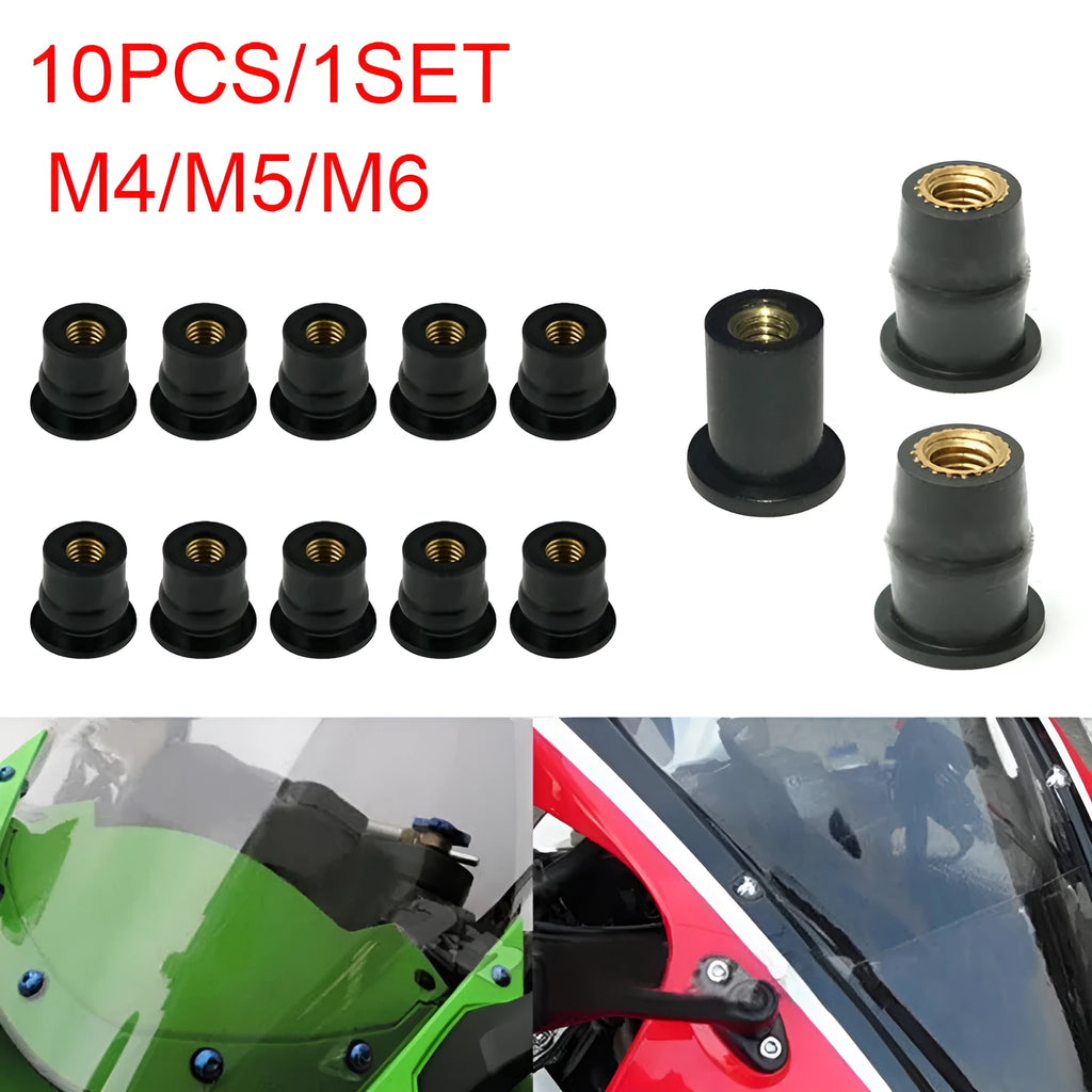 Motorcycle windshield rubber brass nut fasteners in M4 M5 M6 sizes, 10-piece set