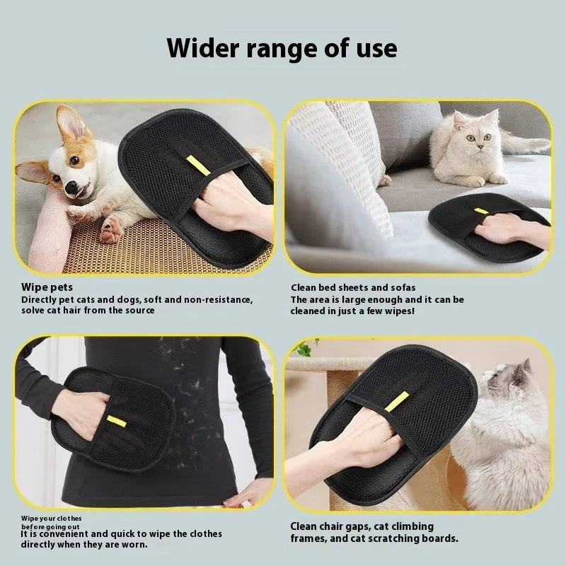 Black pet hair removal glove with silicone brushes on both sides, measuring 24cm by 16cm