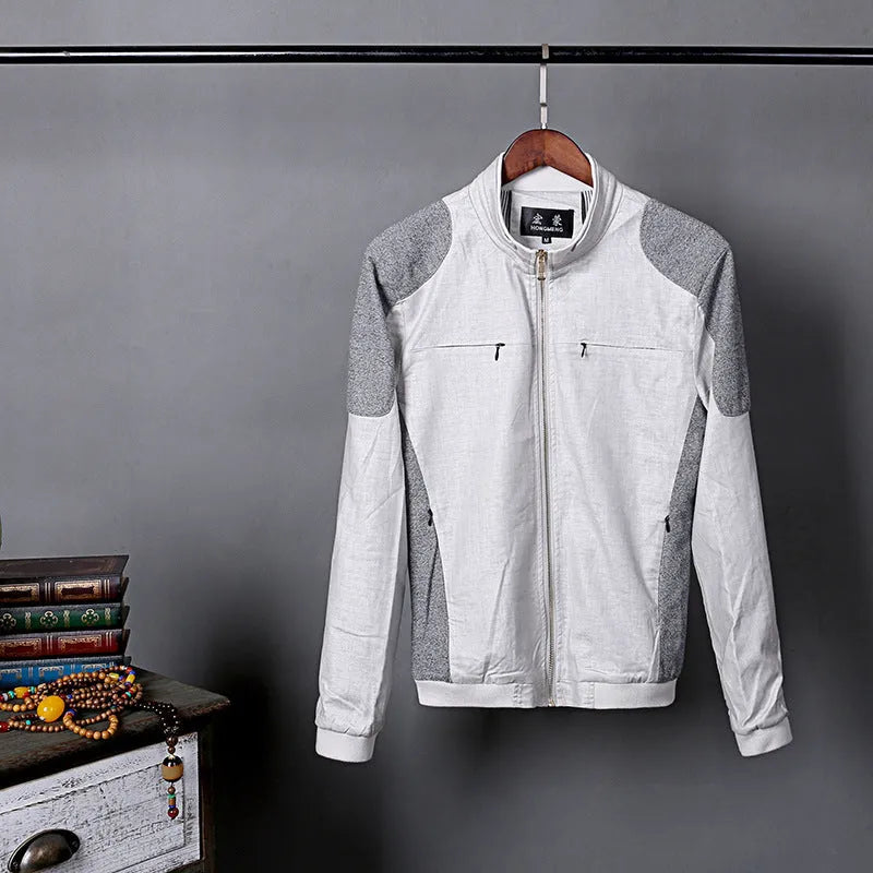 Men's thin blue linen casual jacket with a regular fit on a hanger.