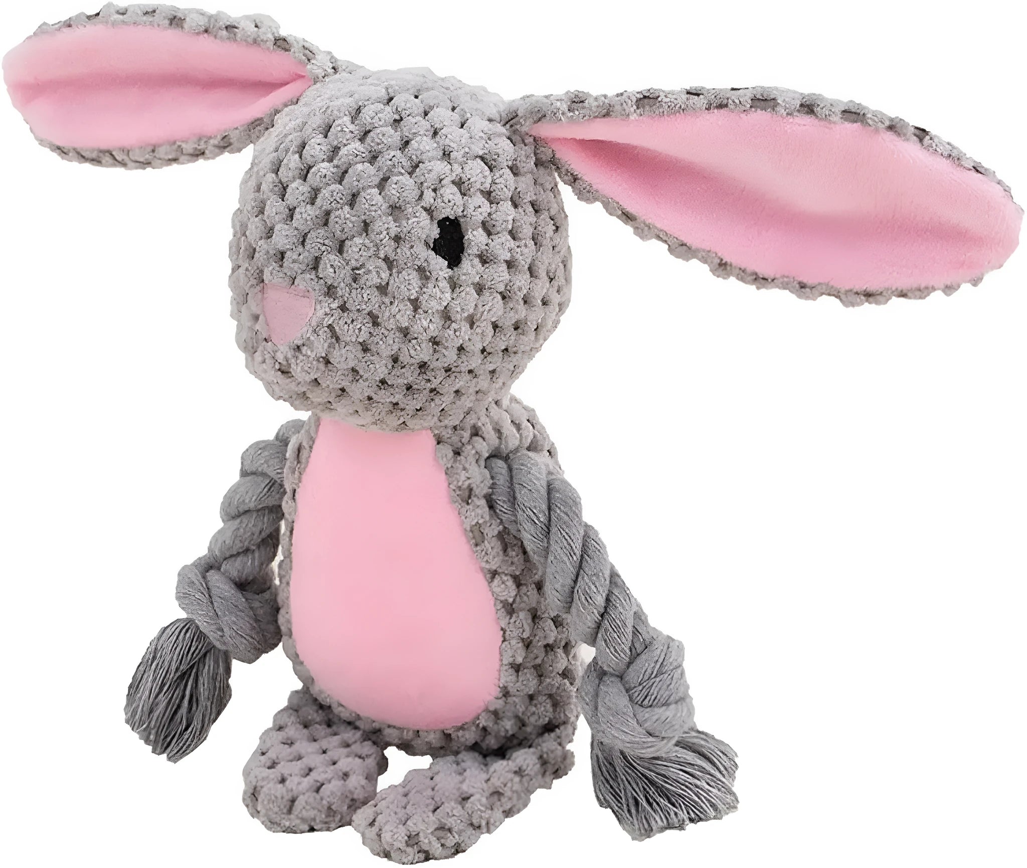 Plush animal dog toy with cotton rope, shown in elephant, fox, monkey, pig, and rabbit designs.