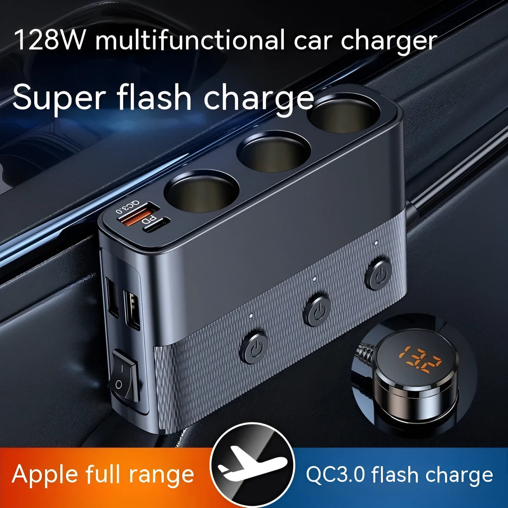Black vehicle cigarette lighter USB charger with PD and QC3.0 ports for 12V-24V car systems