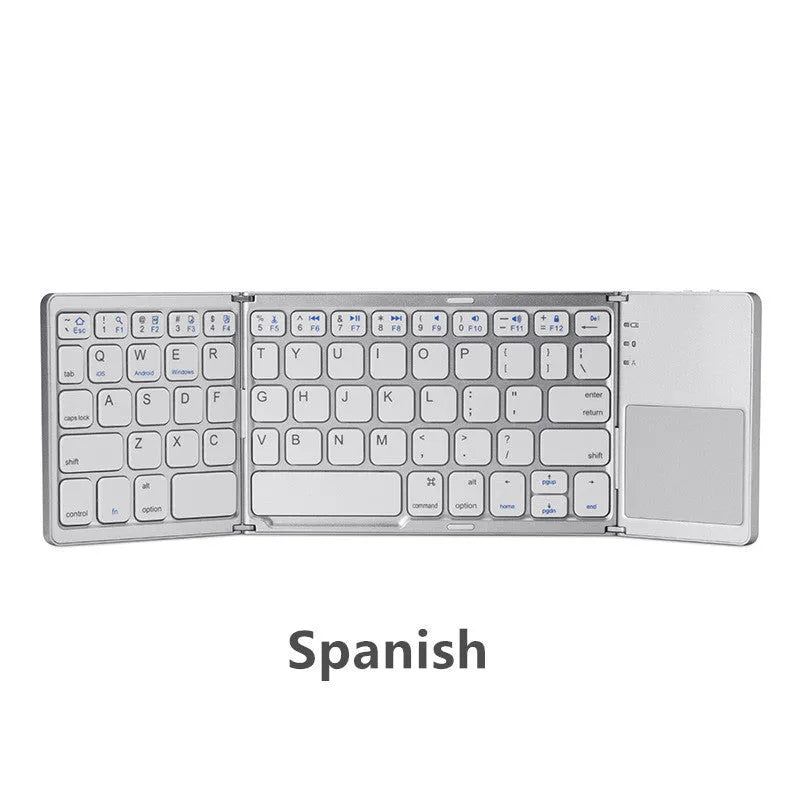 Ultra-thin tri-fold folding touch Bluetooth keyboard shown in both folded and open positions