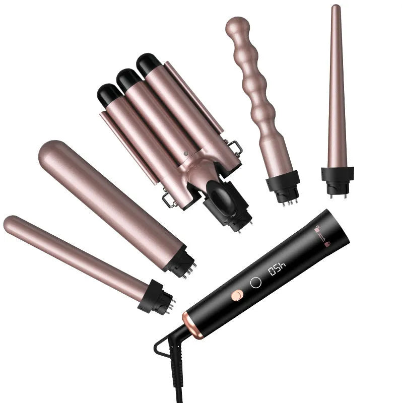 Rose gold five-in-one tube replacement hair curler with LCD display and multiple international plug compatibility
