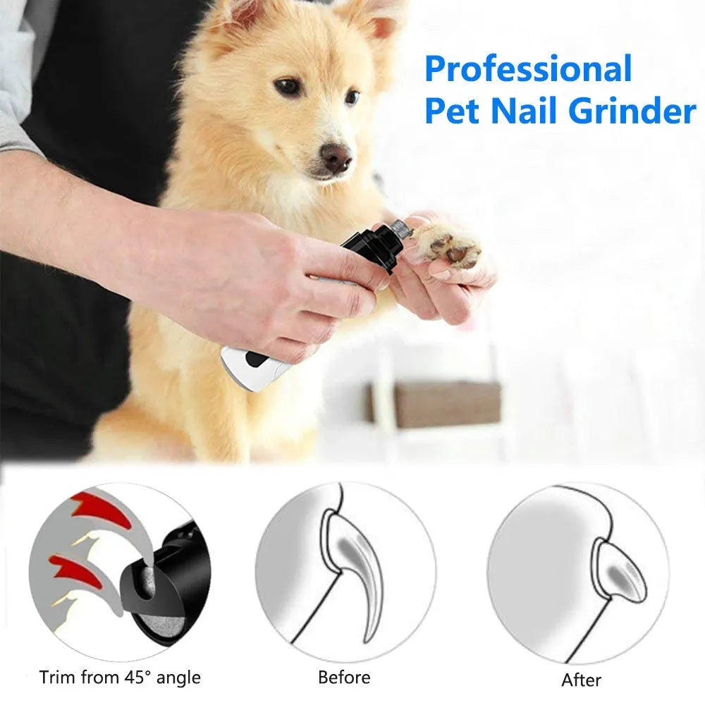 White electric dog nail grinder with LED light on handle and grinding head, showing dust collection port.
