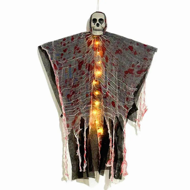 Halloween hanging ghost ornament with a blood-dyed luminous skull, made from plastic.