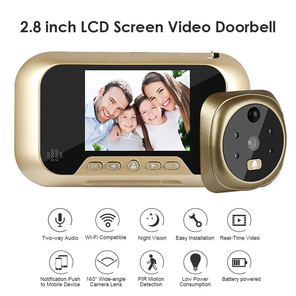 Gold video doorbell with 2.8-inch TFT screen showing infrared night vision mode on a wooden door