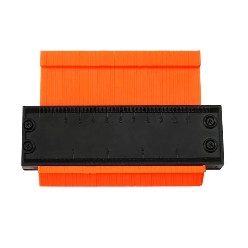 5 and 10 inch orange plastic contour gauge with teeth for copying shapes, on a tile surface