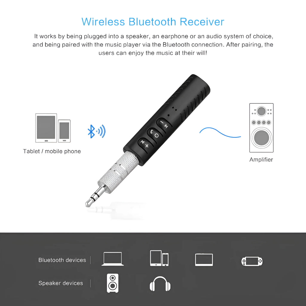 Black plastic Bluetooth car audio adapter with 3.5mm jack for wireless music streaming to car stereo