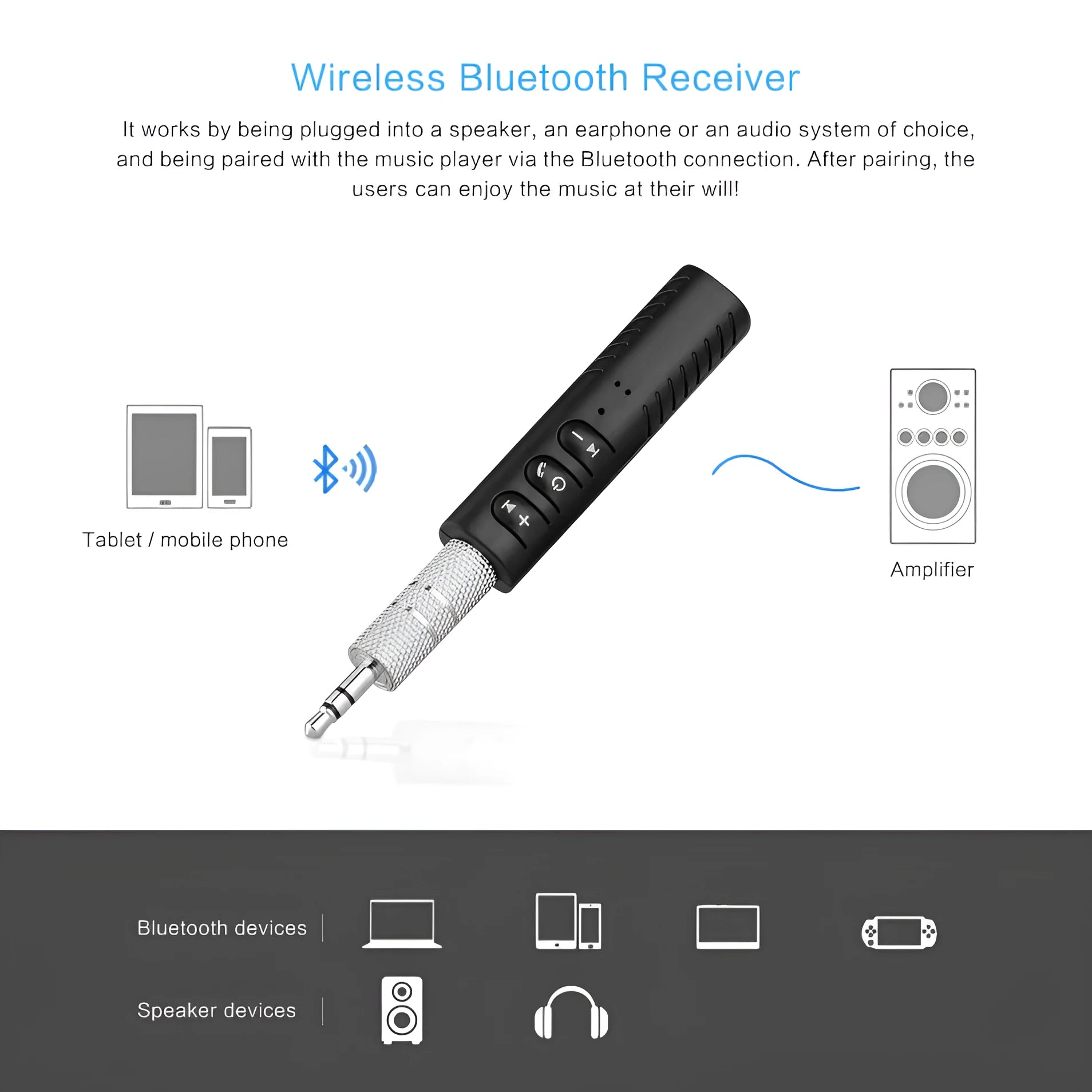 Black plastic Bluetooth car audio adapter with 3.5mm jack for wireless music streaming to car stereo