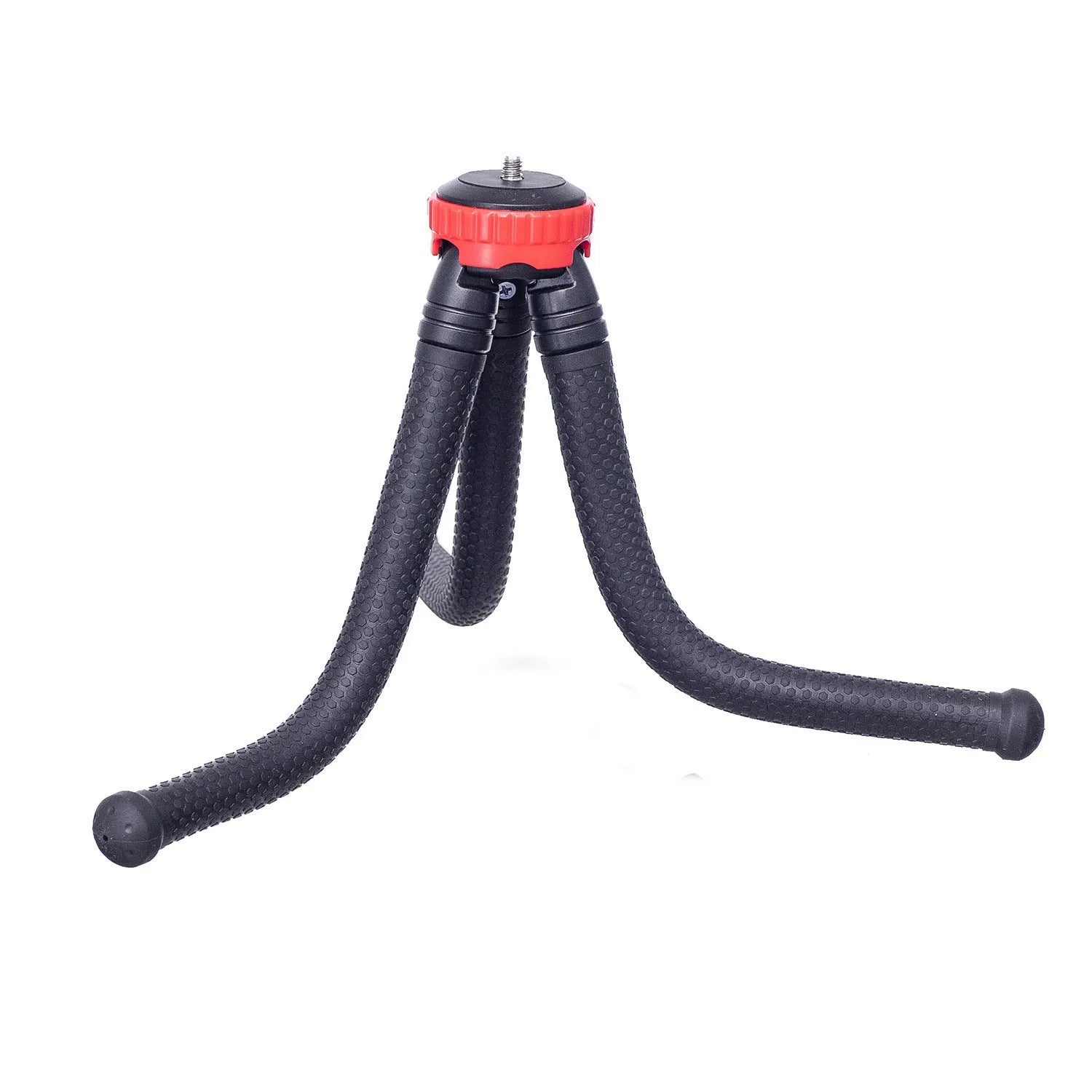 Black octopus tripod with flexible rubber legs wrapped around a pole, holding a mobile phone.