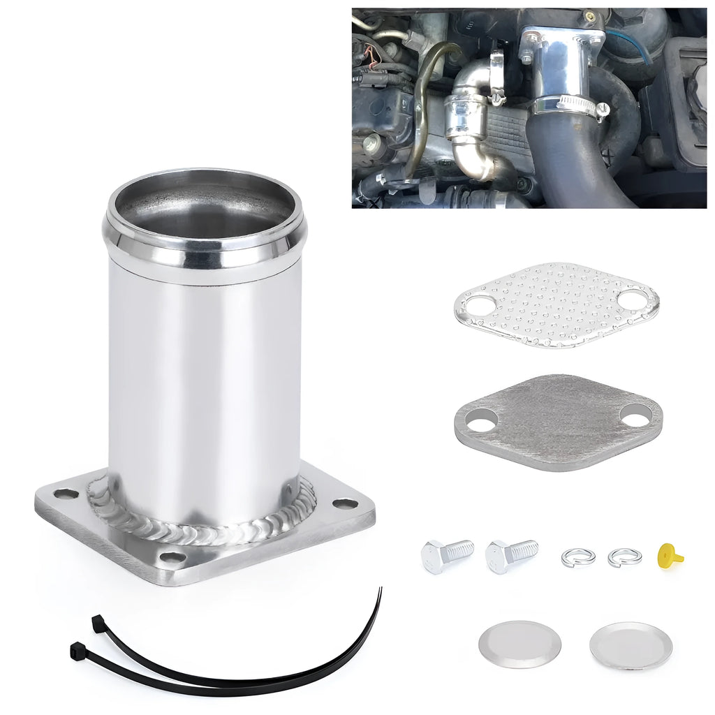 BMW E46 diesel EGR delete kit showing black anodised removal pipe, blanking plates, bolts, and vacuum plug