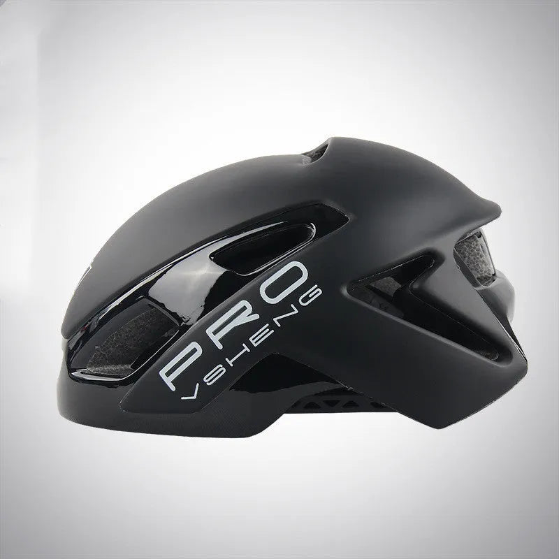 Road bicycle safety helmet in black with visible vents and adjustable buckle