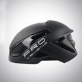 Road bicycle safety helmet in black with visible vents and adjustable buckle