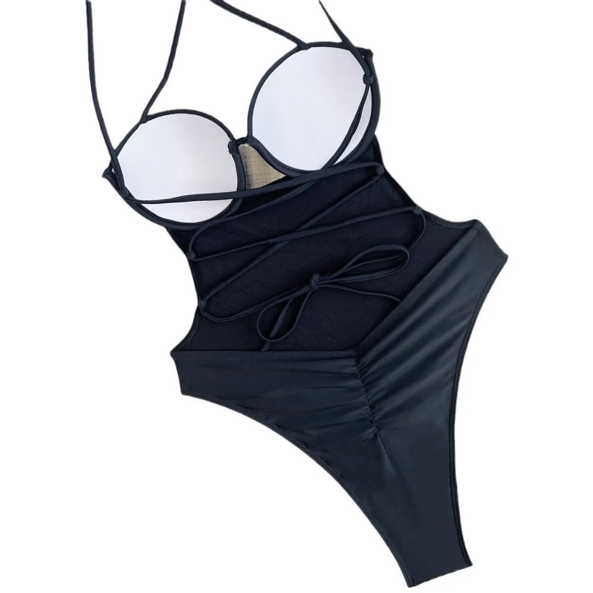 Black one-piece swimsuit bikini for women on a white background.