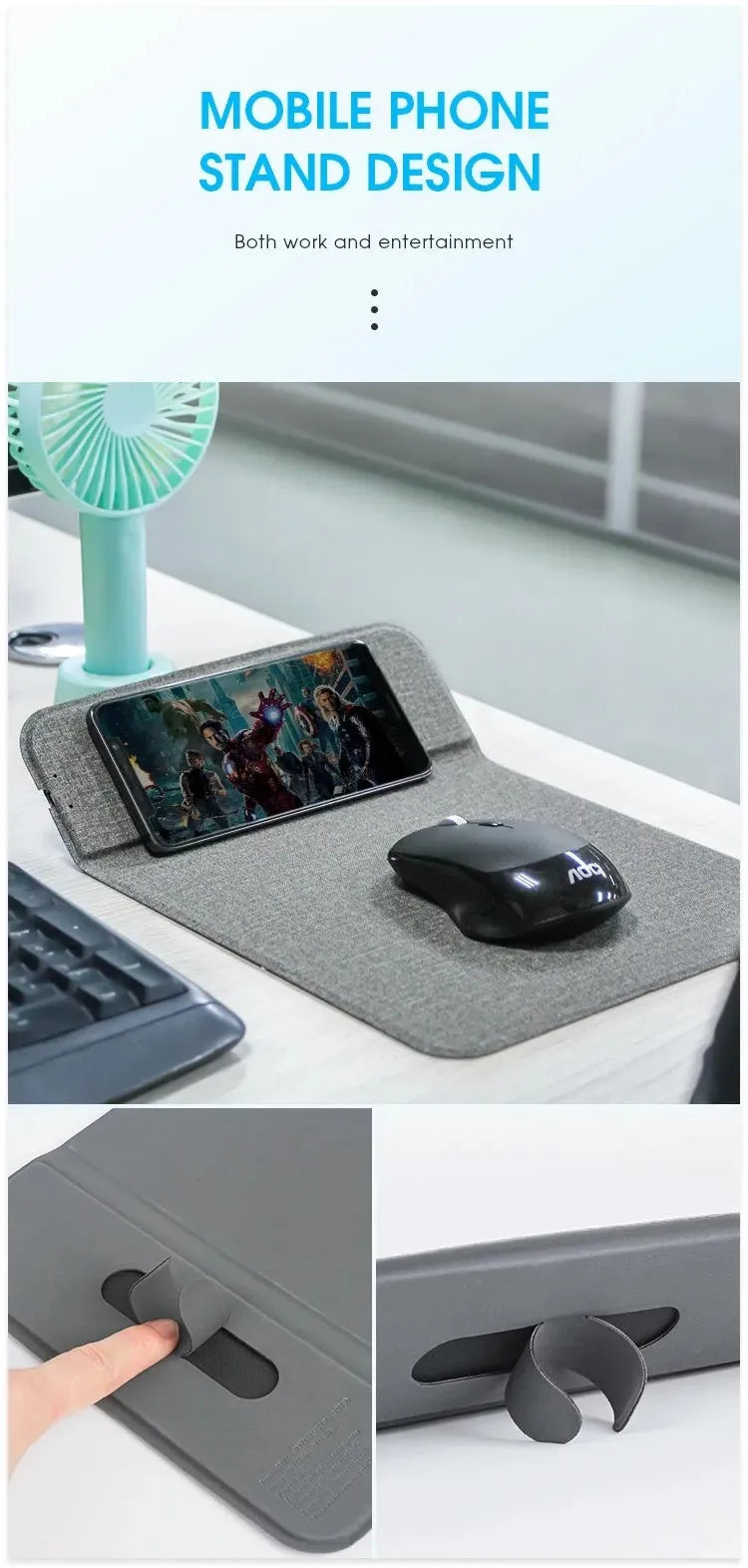 Grey foldable fabric phone holder with smartphone charging wirelessly on a wooden desk