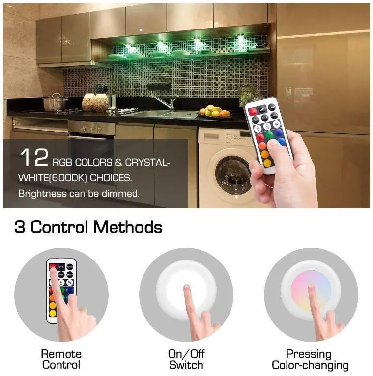 RGB atmosphere light with remote control, ABS and PC construction, 6.2x6.2x2.6cm