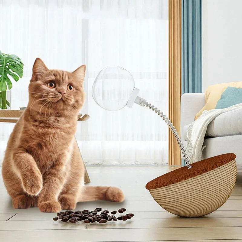 Interactive cat slow feeder puzzle toy with rope, plastic and metal components in four different designs