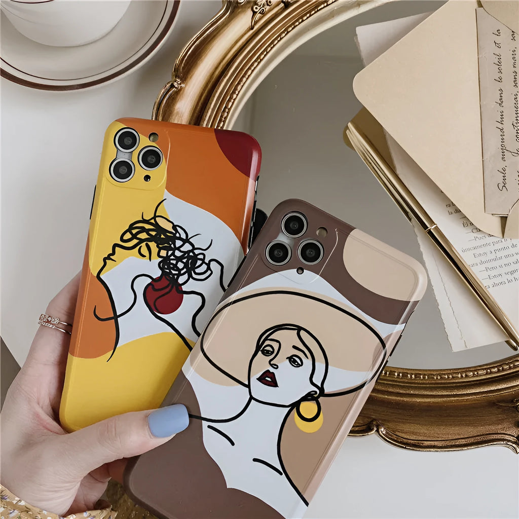 Orange yellow soft gel iPhone case with hand-drawn line art cartoon design.