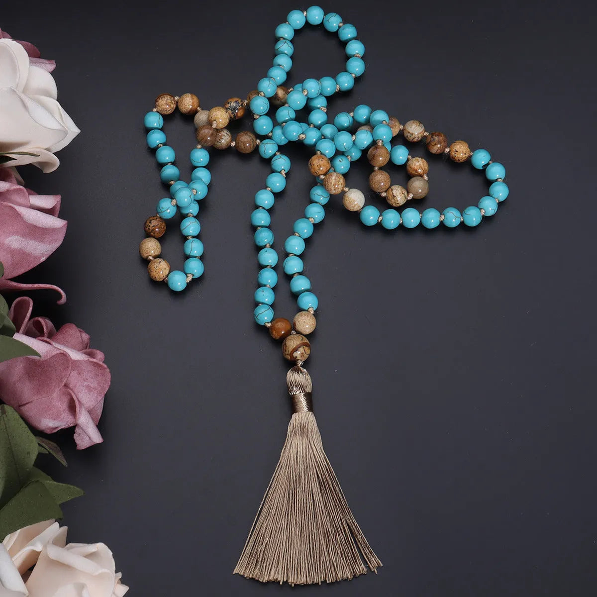Long blue pine vintage turquoise painted stone mala necklace with 108 geometry beads on a ball bead chain.