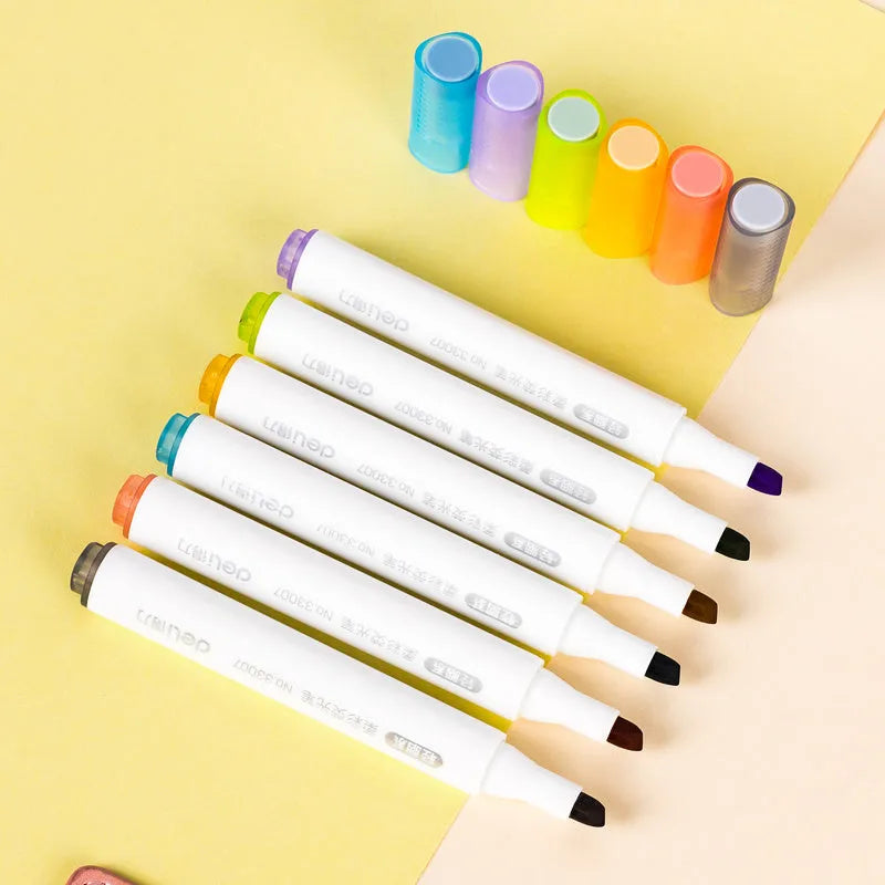 Deli S605 oblique tip highlighter marker pens in Macaron colours with transparent pen holders