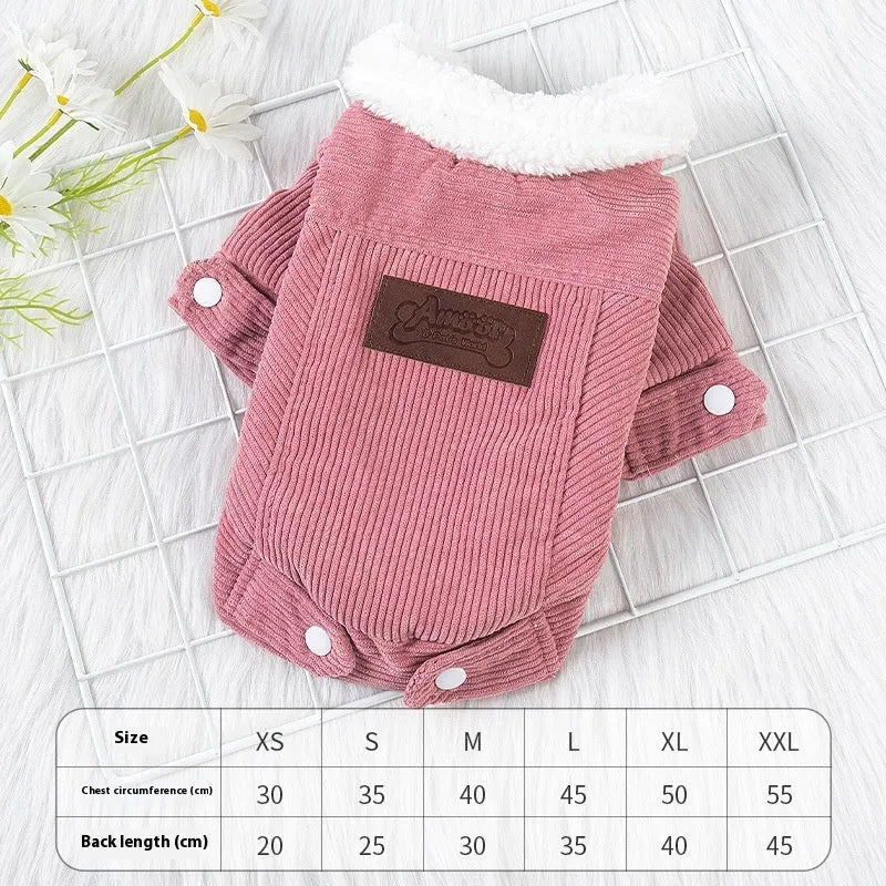 Grey lambswool dog vest with fleece lining, shown on a small dog.