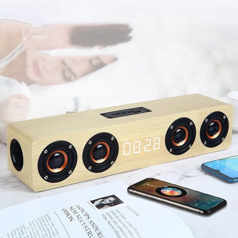 Wooden Bluetooth soundbar speaker, four speakers, 20W output, 380 x 80 x 9mm, yellow or brown wood grain