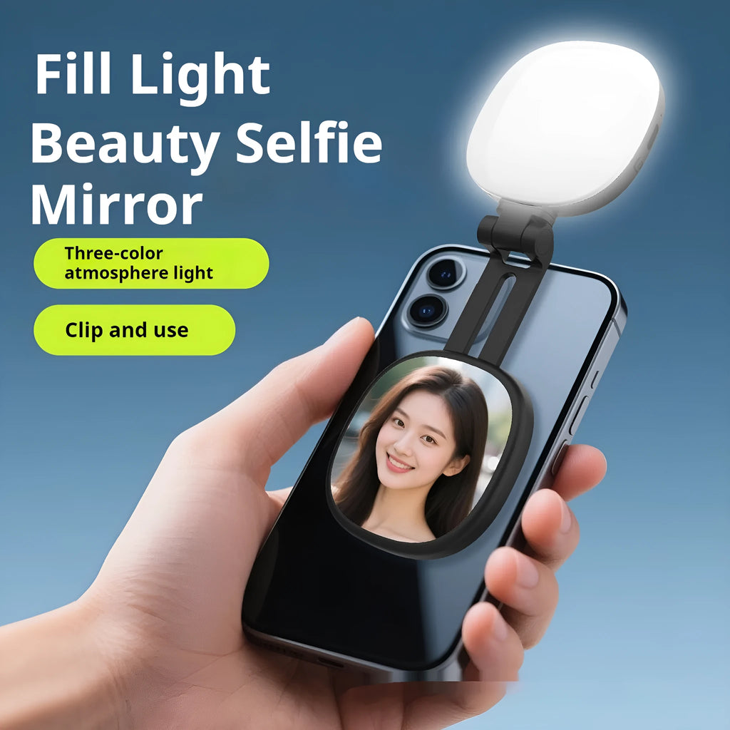 Black and white mobile phone magnetic selfie fill light with makeup mirror showing three colour temperature settings
