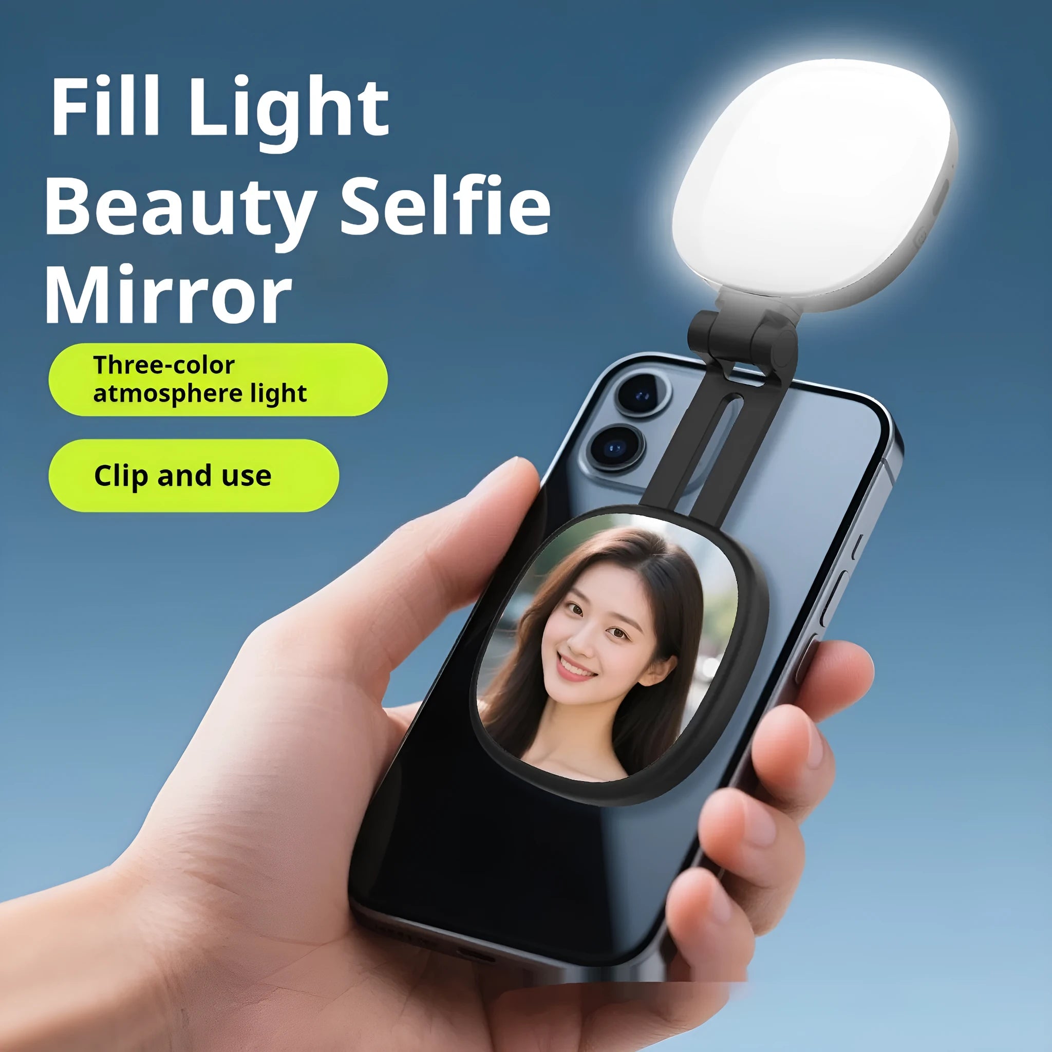 Black and white mobile phone magnetic selfie fill light with makeup mirror showing three colour temperature settings