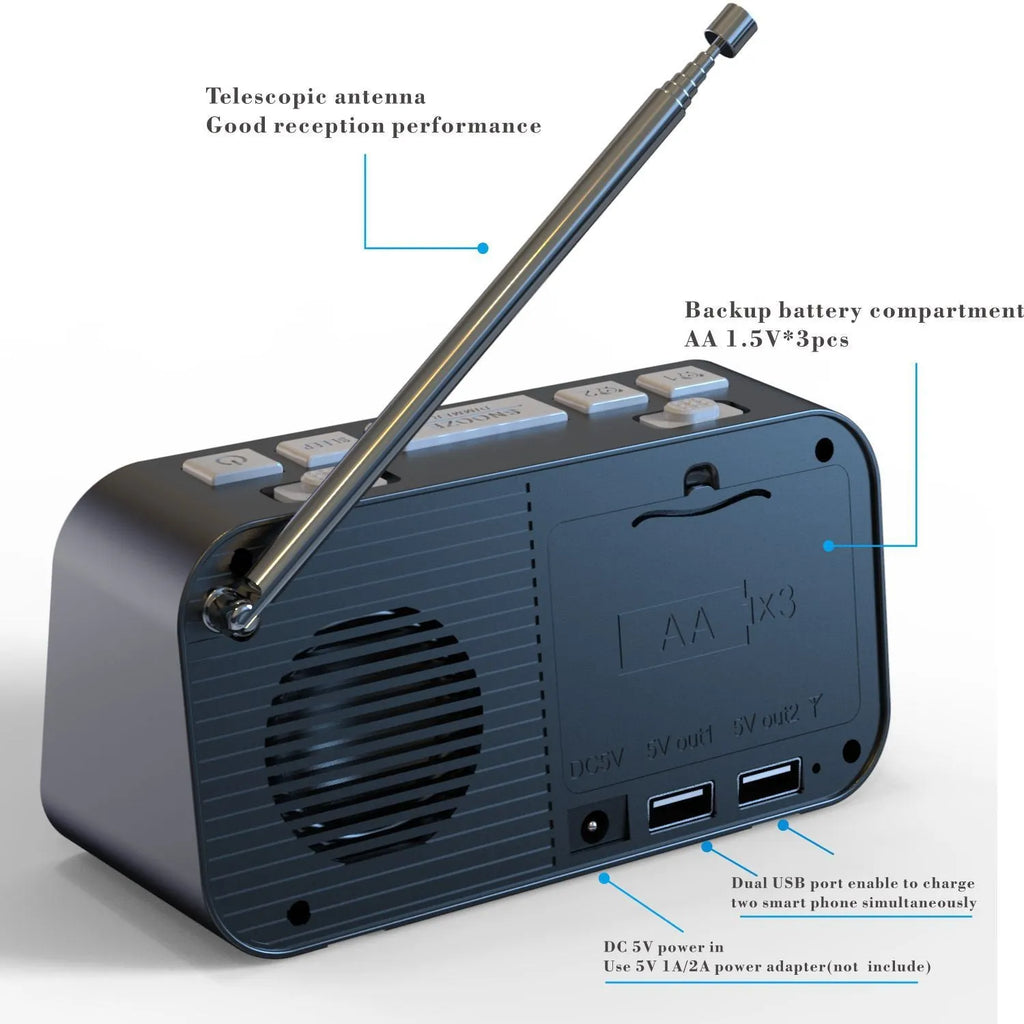 Black DAB bedside alarm clock with large LED display, USB charging ports, and pig tail antenna