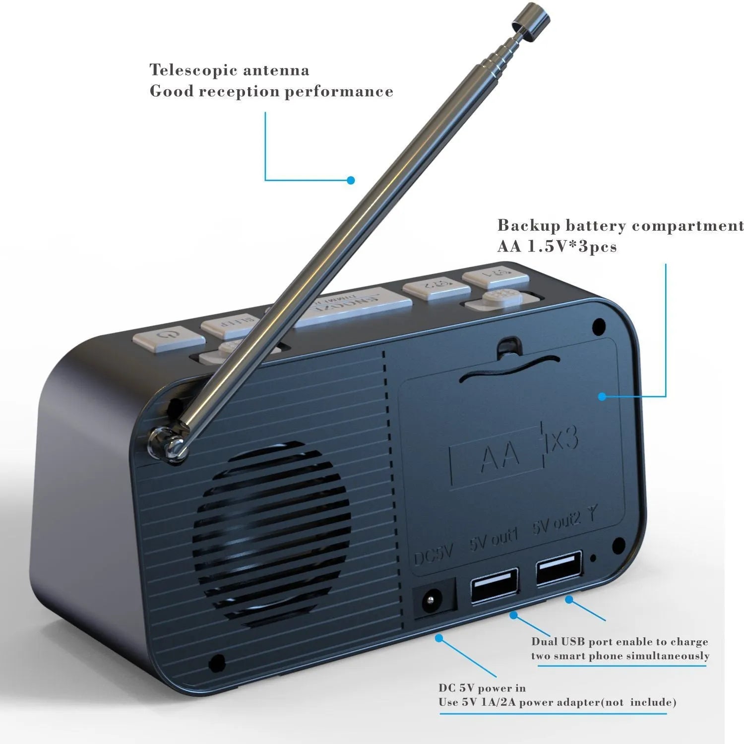 Black DAB bedside alarm clock with large LED display, USB charging ports, and pig tail antenna