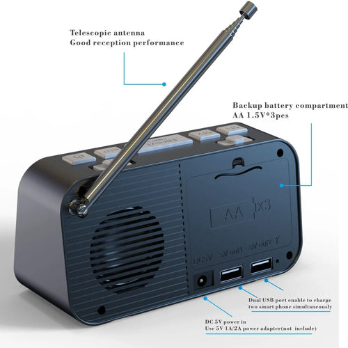 Black DAB bedside alarm clock with large LED display, USB charging ports, and pig tail antenna