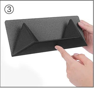 Blue portable laptop cooling bracket with anti-slip surface, shown open in use and folded for storage.