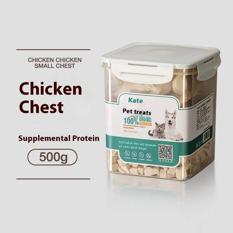500g freeze-dried chicken cat treats in resealable bag or storage tin options