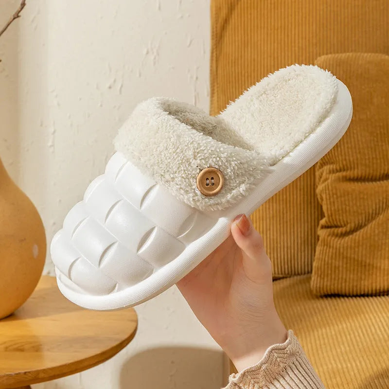Pink and grey plaid detachable slippers with a soft plush interior and a textured white EVA non-slip sole.