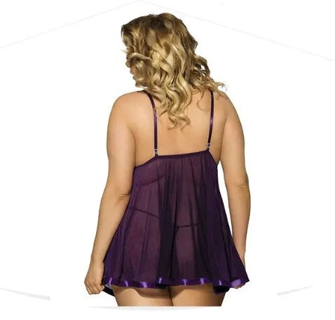 Purple seamless mesh and lace lingerie sleepdress for women, shown on a hanger.
