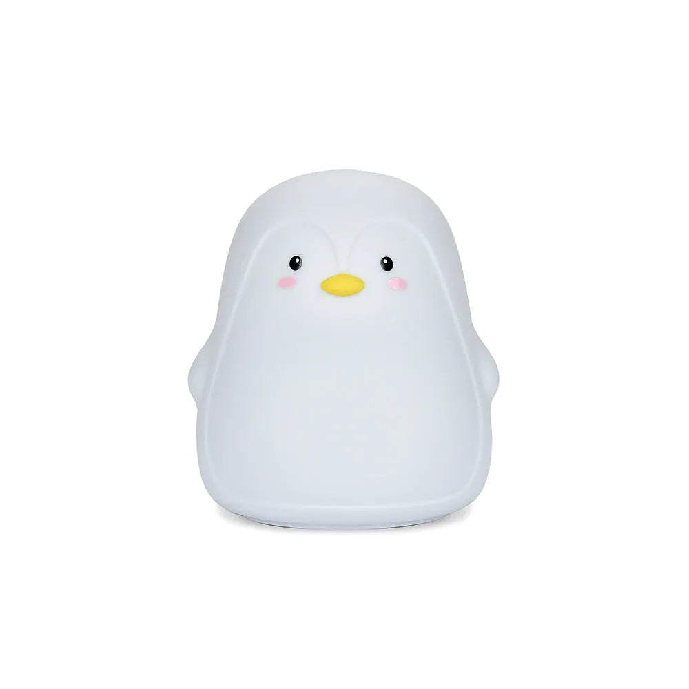 White USB rechargeable penguin-shaped night light with soft glow, shown next to its charging cable.