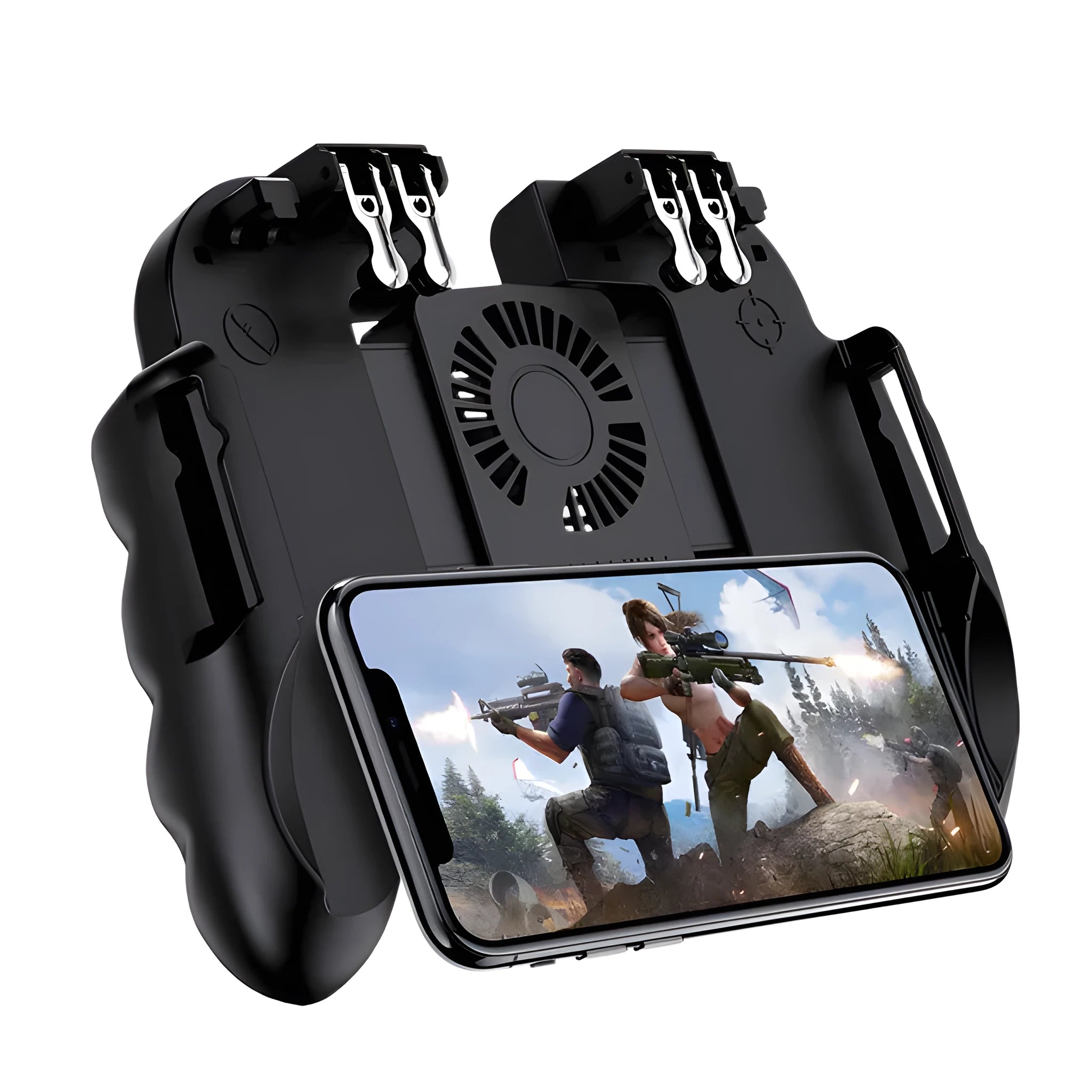 Six-finger gamepad with USB cable and black bracket for smartphone, ABS and zinc alloy build