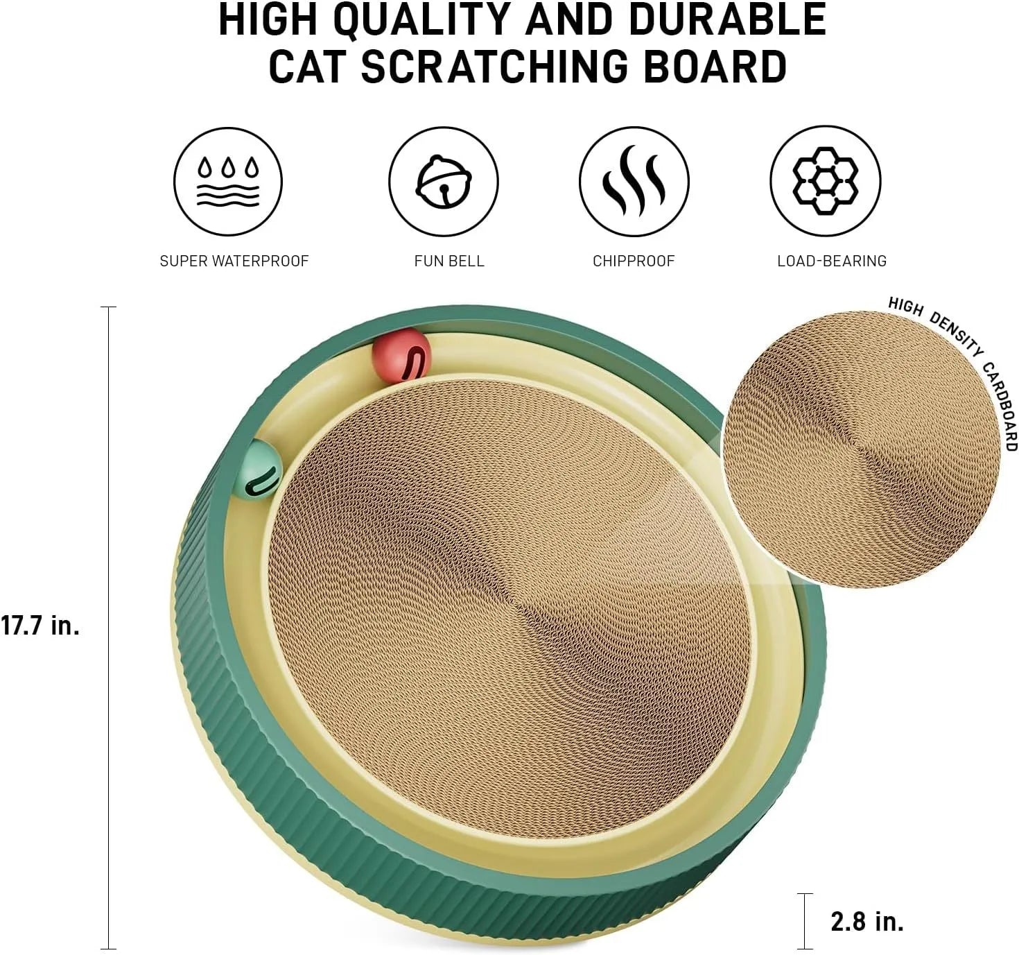Large circular cat scratching board with moving ball toys measuring 45cm diameter