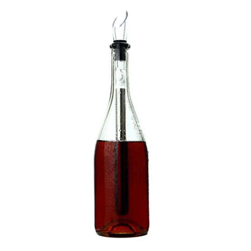 Stainless steel wine chilling rod with integrated drip-free pourer and aerator, shown in silver finish