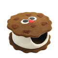 Khaki colour enclosed cat bed shaped like a sandwich cookie for winter sleeping