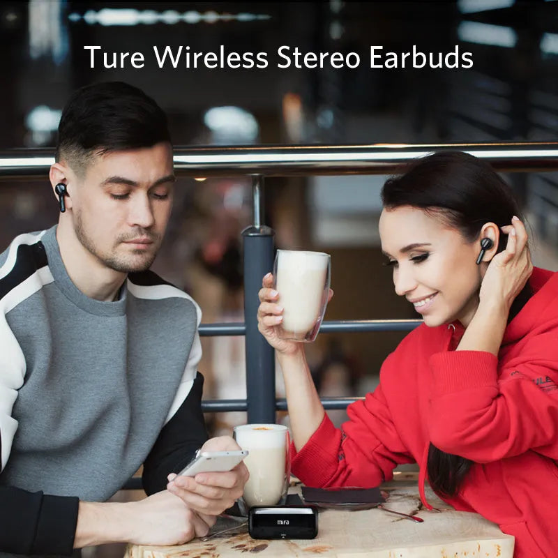 Black and white true wireless stereo earbuds with charging case, featuring Bluetooth 5.0 and IPX5 waterproof rating.
