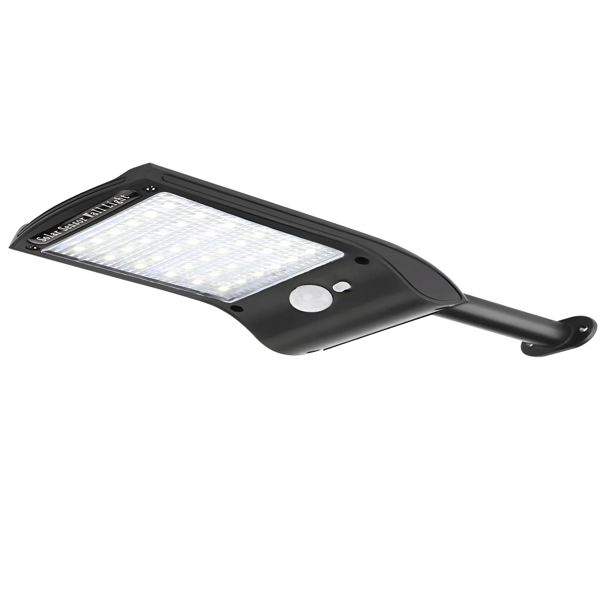 Black solar-powered wall light with diamond-patterned housing and a rotatable mounting pole.