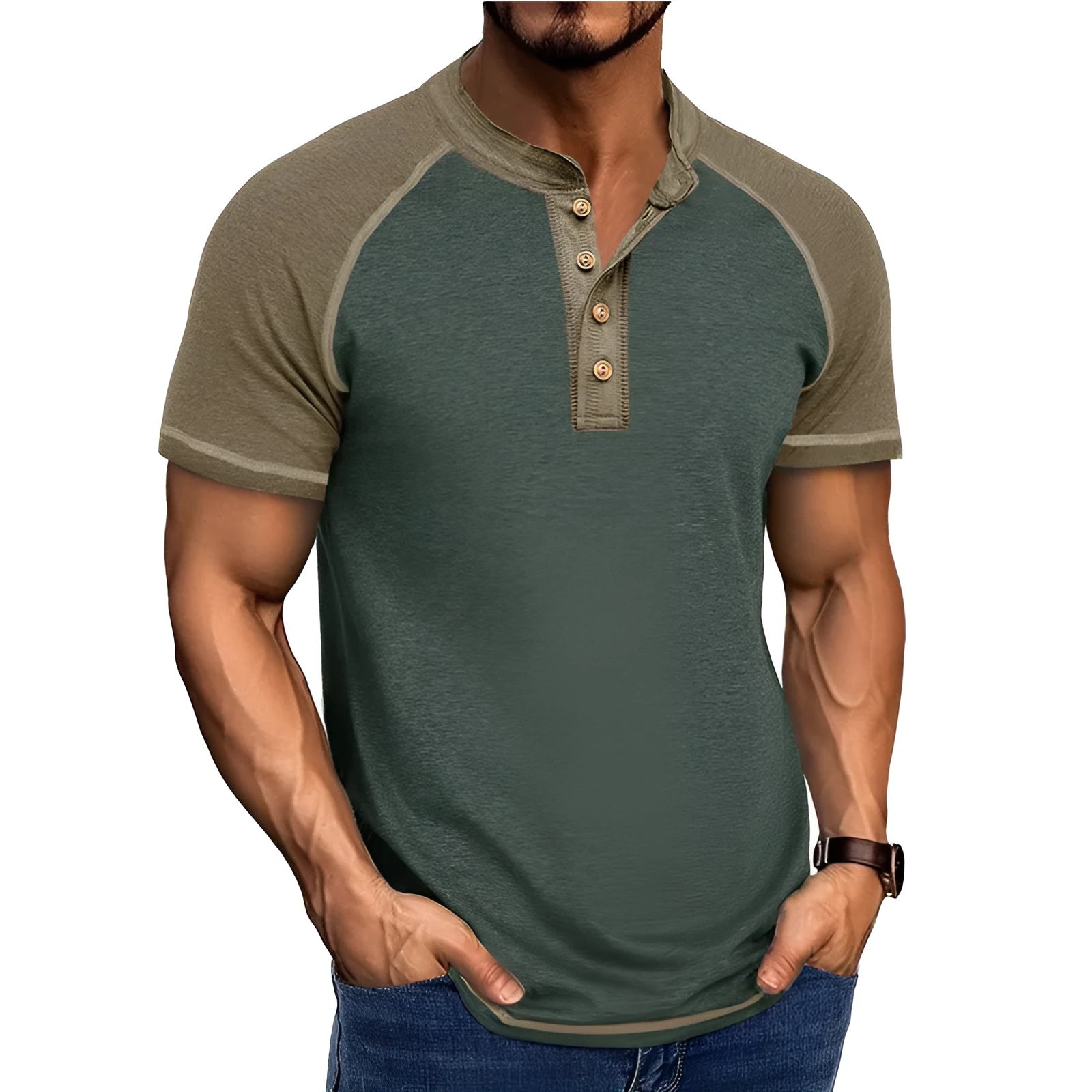 Men's short sleeve cotton blend pullover with contrasting colour panels and raglan sleeves in regular fit