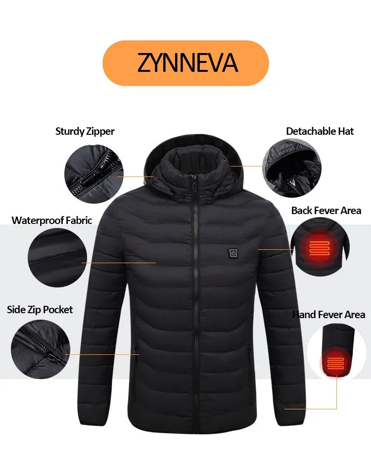 Men's USB heated jacket with carbon fiber pads, 3-level control, polyester shell, available in black, blue, red