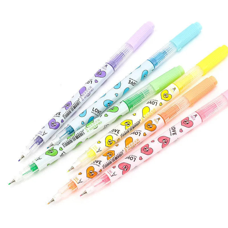 Six double-headed watercolour highlighter pens in pink, orange, yellow, green, blue, and purple colours